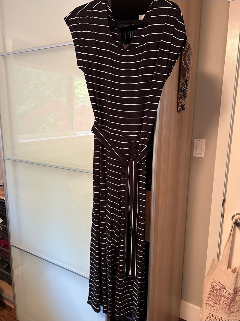 Old Navy Black and White Striped Belted Maxi Dress